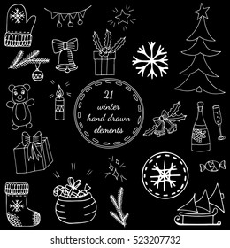 Big set white line winter elements with Christmas tree, big gift and sack, bear and bell, bottle and glass, mitten and socks. For greeting card, invitation, posters, texture backgrounds