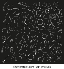 Big set of white linear decorative arrows. Vector illustration of pointers and cursors. Isolated on black background