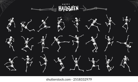 Big set of white skeletons vector in different positions. Realistic collection of dancing Halloween party or Day of the dead skeletons. Template design creepy, scary human bones characters silhouettes