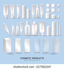 Grosses Set mit weißen Hautpflege- und Pflegeartikeln - Lotion, Creme, Shampoo, Spray, Öl, Gel, Mascara, Schönheitsschwonges, Puff, etc. 3D-Muster aus Kosmetikflaschen, Gläsern, Röhren, Behältnissen, Kisten