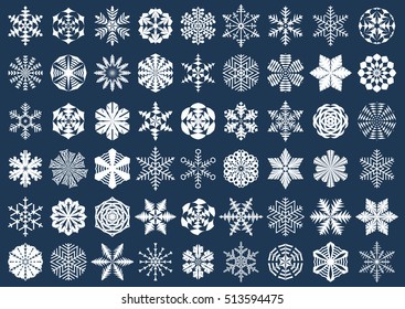 Big set of white snowflake silhouettes isolated on blue background. Winter, New Year, Christmas festive symbols for your design. Large collection of modern icons. Vector illustration