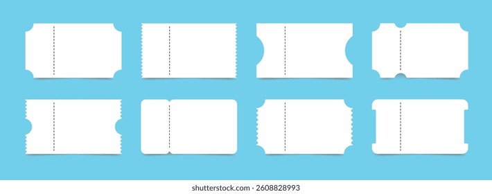 Big set of white tickets of different shapes with tear-off part and shadow on blue background. Blank form. Ticket or coupon for concert, cinema or theater