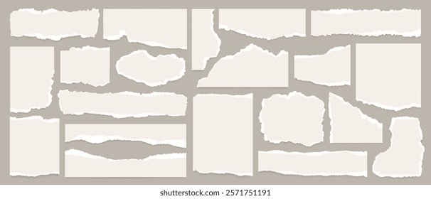 Big set of white torn paper sheet, ripped newspaper strip, retro texture background, text message banner, sticky note and grunge notebook page collage with uneven edge and realistic shadow. Torn paper