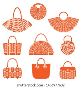 Big set of wicker fashionable bags, stylish summer personal accessories for women, vector illustration isolated on white background