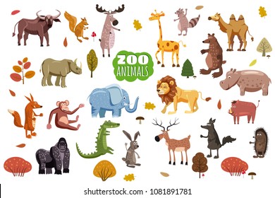 Big set of wild animals cartoon vectors. African, Australian, Asian, South and North American fauna predators and herbivorous species. Cartoon style, isolated