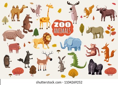 Big set of wild animals cartoon vectors. African, Australian, Asian, South and North American fauna predators and herbivorous species. Cartoon style, isolated