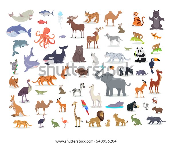 大集野生动物卡通矢量. 非洲, 澳大利亚, 北极, 亚洲, 南美和北美的动物 