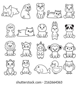 Big set wild animals and pets animals bundle coloring forest , headanimal, big collection of decorative for kids,baby characters, card,hand drawn, cartoon style.vector illustration