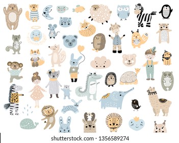 Big set of wild cartoon animals & pets. Cute handdrawn kids clip art collection. Vector illustration