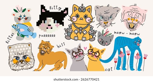 Big set with wild and domestic cats and words. Vector collection, illustration, design elements, print 