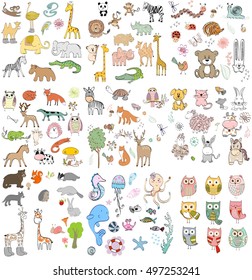 big set of wild, domestic, marine animals and owls. Hand drawn illustration.