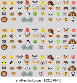 Big set of wild, domestic and safari animal heads with cute eyes in flat style isolated on background. Stock vector illustration for decoration and design, packaging, fabrics, posters, postcards, baby