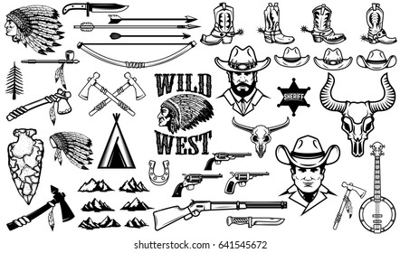 Big set of wild west icons.Cowboys, indians, vintage weapon. Design elements for logo, label, emblem, sign, badge. Vector illustration