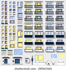 Big set of windows, balconies and other accessories for the building