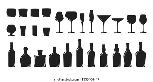 Big set of wine, champagne, gin, martini, scotch, whiskey, rum, tequila glasses and bottles silhouettes. Bar cold cocktail booze. Vector illustration of alcohol drinks.