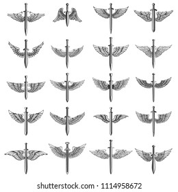 Big set of winged swords. For emblem, sign, logo, label, badge. Vector image