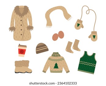 Big set winter and autumn clothes. Vector illustration. Beige, green colors. Flat style. Warm clothes, shoes and accessories for cold season. For woman