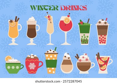 Big set Winter drink art. Christmas retro colorful drink. Hand drawn cup with cappucino, latte, coffee, hot chocolate, cacao, tea, mulled wine, champagne, alcohol isolated. Modern trendy print.