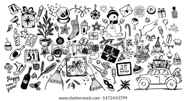 Big set of winter holiday\
elements. Doodle drawn Christmas and New Year symbols and icons for\
greeting card or design. Stock vector isolated on white\
background.