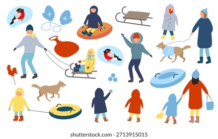 Gran conjunto de ilustraciones de invierno. Niños en trineo, en pendiente de trineo. Adultos jugando con niños, familia. Paseo de invierno, niños jugando al aire libre. Vacaciones de invierno. Mujer caminando perro. Diseño plano.