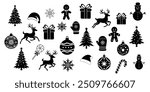 Big set of winter silhouette black, outline. Christmas tree, reindeer, ornaments, gingerbread, snowflake on white background. 