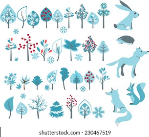 Big set with winter trees and forest animals - wolf,fox,hedgehog,squirrel. Vector illustration.