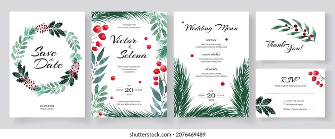 Big set of winter wedding cards with green foliage and red berries in loose watercolor style.