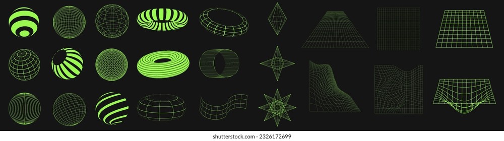 Big set of wireframe shapes. Cyber neo futuristic grids, 3d mesh objects and shapes. Wireframe wavy geometric perspective ball, sphere, rhombus, oval, grid, . 80s cyberpunk elements, vector set.