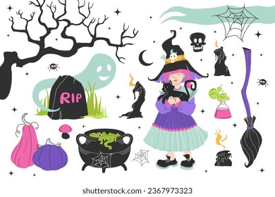 Big set Witch elements. Halloween spooky background. Sticker pack of Halloween cartoon elements. Scary items, symbols and signs. Vector illustration.