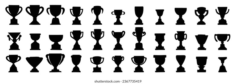 Big set of witter cups silhouette. Hand drawn winner cups isolated on white background. Vector illustration