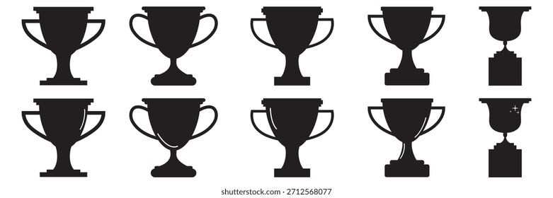 Gran conjunto de silueta de copas de Twitter. Tazas de ganador dibujadas a mano aisladas sobre fondo blanco. Ilustración vectorial
