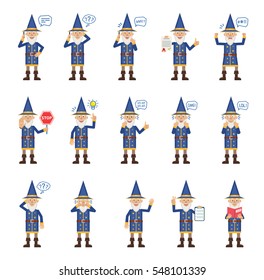 Big set of wizard characters showing different actions, emotions, gestures. Cheerful magician talking on phone, holding stop sign, document, book and doing other actions. Simple vector illustration