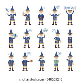 Big set of wizard characters showing different actions, emotions, gestures. Cheerful magician singing, dancing, holding banner, loudspeaker, map and doing other actions. Simple vector illustration