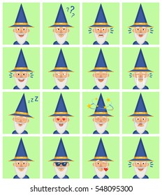 Big set of wizard emoticons. Magician avatars showing different facial expressions. Happy, sad, smile, laugh, cry, surprised, dizzy, sleepy, angry and other emotions. Simple vector illustration