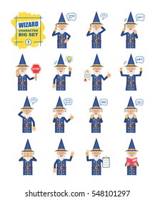 Big set of wizard emoticons showing different actions, emotions, gestures. Cheerful magician talking on phone, holding stop sign, document, book and doing other actions. Simple vector illustration