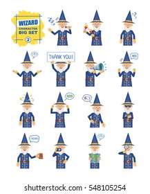 Big set of wizard emoticons showing different actions, emotions, gestures. Cheerful magician singing, dancing, holding banner, loudspeaker, map and doing other actions. Simple vector illustration