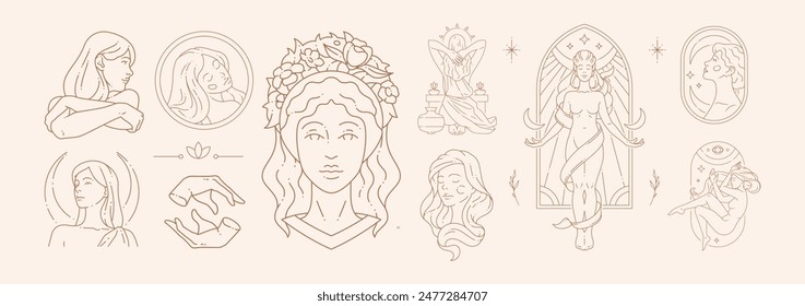 Big set of woman beauty concepts and figures in line art style. Fashion minimalistic elements for posters design and stickers. Vector illustration.