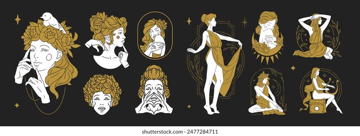 Big set of woman beauty concepts and figures silhouettes. Fashion minimalistic elements for posters design and stickers. Vector illustration.