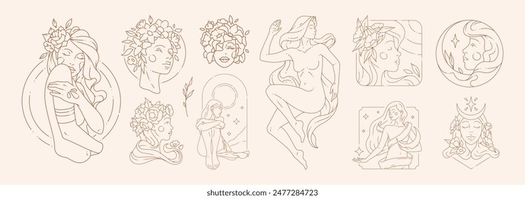 Big set of woman beauty concepts and figures in line art style. Fashion minimalistic elements for posters design and stickers. Vector illustration.