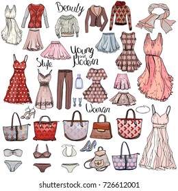 Big set with woman dresses,shoes, accessories, jewel and bra. Objects on white for fashion design. Romantic, festive, casual, business and glamour style.