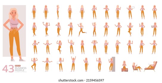 Big Set of woman lifestyle wear pink shirts color character vector design. Presentation in various action with emotions, running, standing and walking.