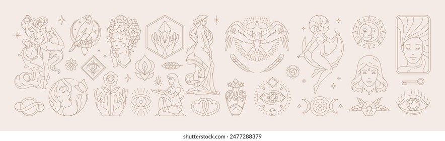 Big set of woman and magic symbols in line art style. Beauty fashion esoteric concepts. Elements for posters design and stickers. Vector illustration.