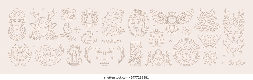 Big set of woman and magic symbols in line art style. Beauty fashion esoteric concepts. Elements for posters design and stickers. Vector illustration.