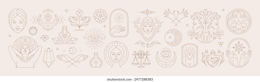 Big set of woman and magic symbols in line art style. Beauty fashion esoteric concepts. Elements for posters design and stickers. Vector illustration.