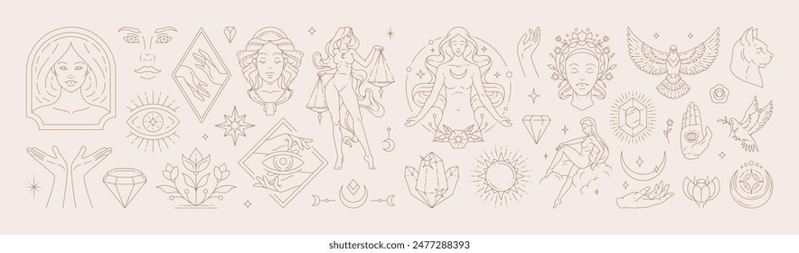 Big set of woman and magic symbols in line art style. Beauty fashion esoteric concepts. Elements for posters design and stickers. Vector illustration.