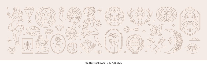 Big set of woman and magic symbols in line art style. Beauty fashion esoteric concepts. Elements for posters design and stickers. Vector illustration.