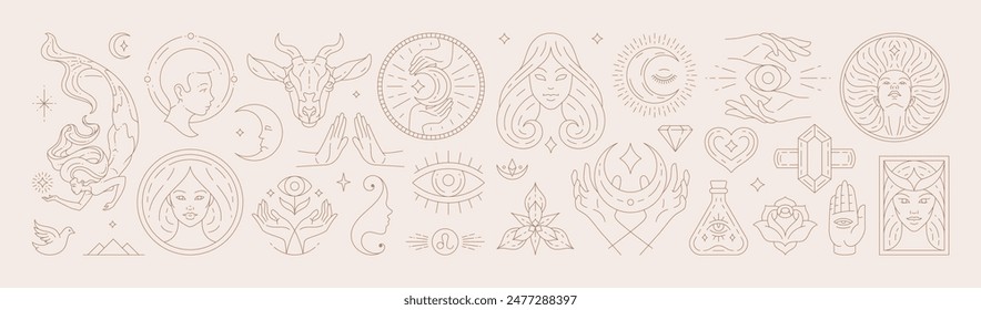 Big set of woman and magic symbols in line art style. Beauty fashion esoteric concepts. Elements for posters design and stickers. Vector illustration.