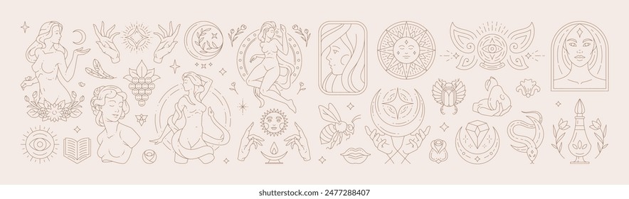 Big set of woman and magic symbols in line art style. Beauty fashion esoteric concepts. Elements for posters design and stickers. Vector illustration.