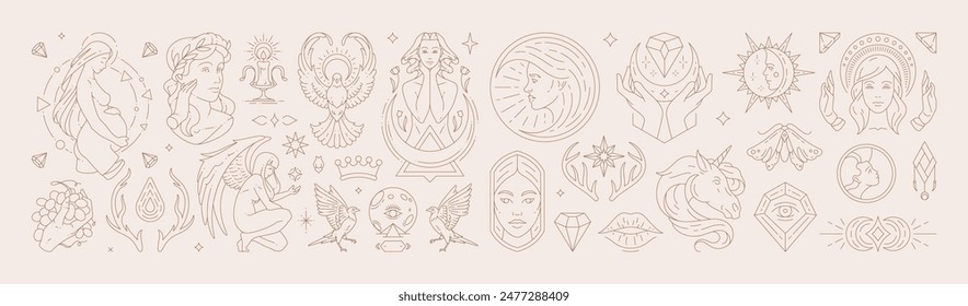 Big set of woman and magic symbols in line art style. Beauty fashion esoteric concepts. Elements for posters design and stickers. Vector illustration.