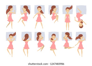 Big set of woman sleep in different position. Female character in the bed on pillow. Night dream. Resting in bedroom. Isolated flat vector illustration